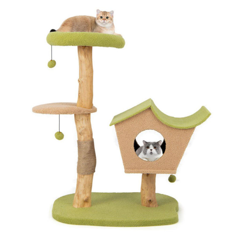 43 Inch Green and Beige Wooden Cat Tree with Perch and Condo