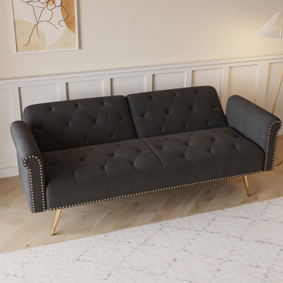 Luxurious Velvet Sofa Bed With Nail Head Trim And Matching Throw Pillow, Perfect For Elegant And Comfortable Living