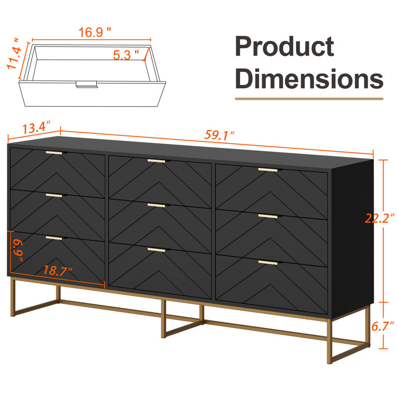 9 - Drawer 59.1"W Double Dresser, Black