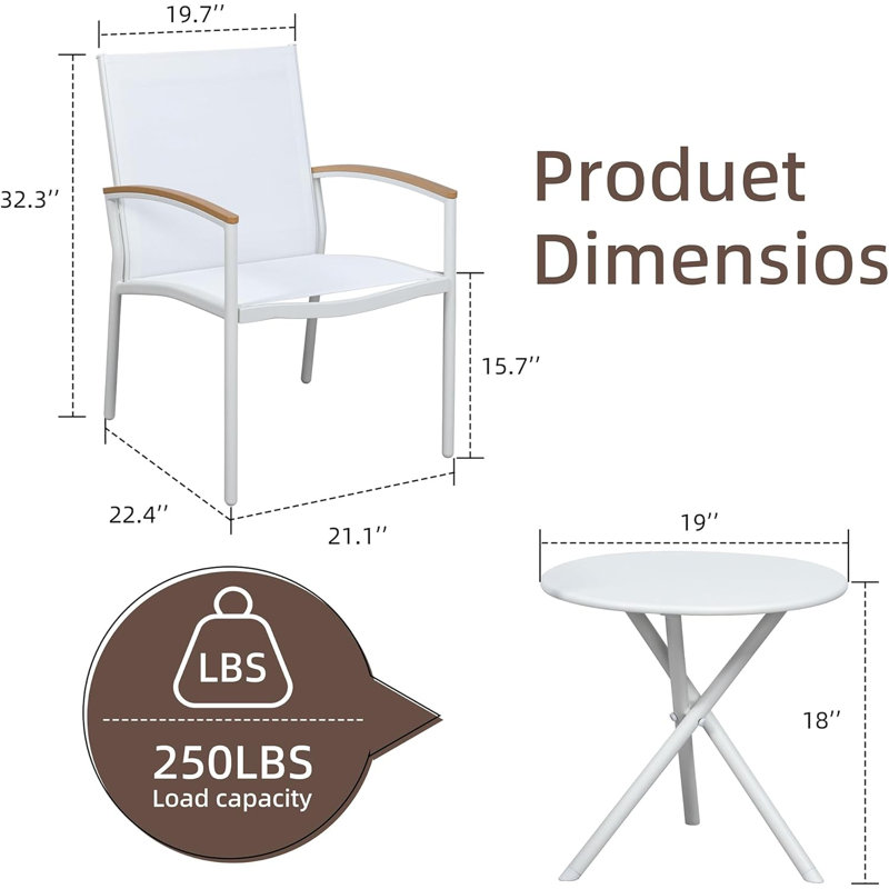 Ensemble de bistro extérieur pour 2 personnes L 19 po Dalkeith, Blanc, Blanc