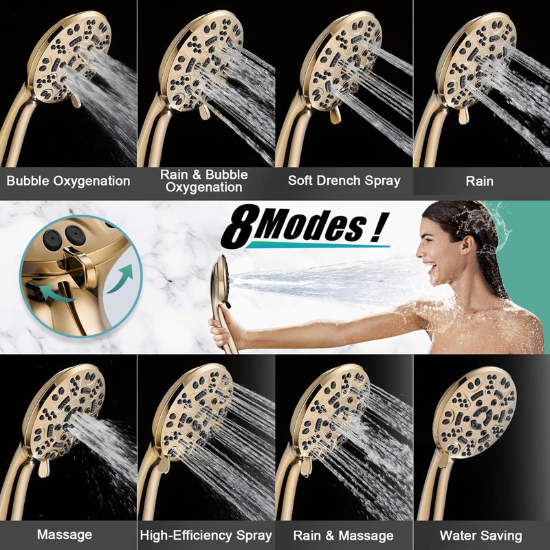8-Function High Pressure Shower Head Set with Handheld, Hose & Adjustable Bracket, Egyptian Gold