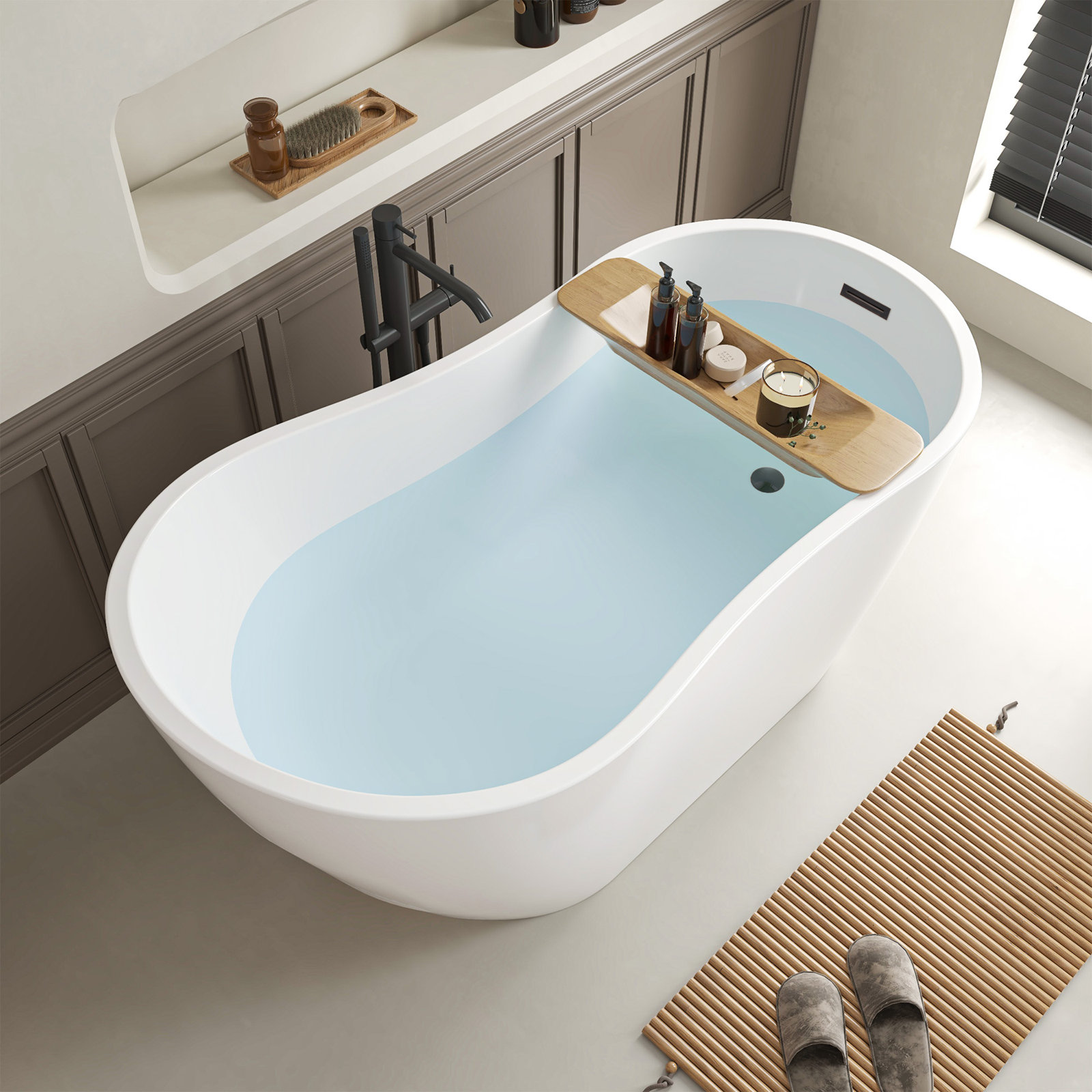 Maya 55" x 28" Freestanding Soaking Acrylic Bathtub, White/Oil Rubbed Bronze