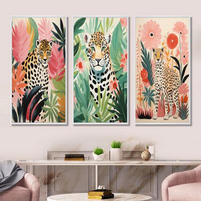 Green And Pink Leopard Tropical Elegance I - Leopard Wall Art Prints Set Of 3
