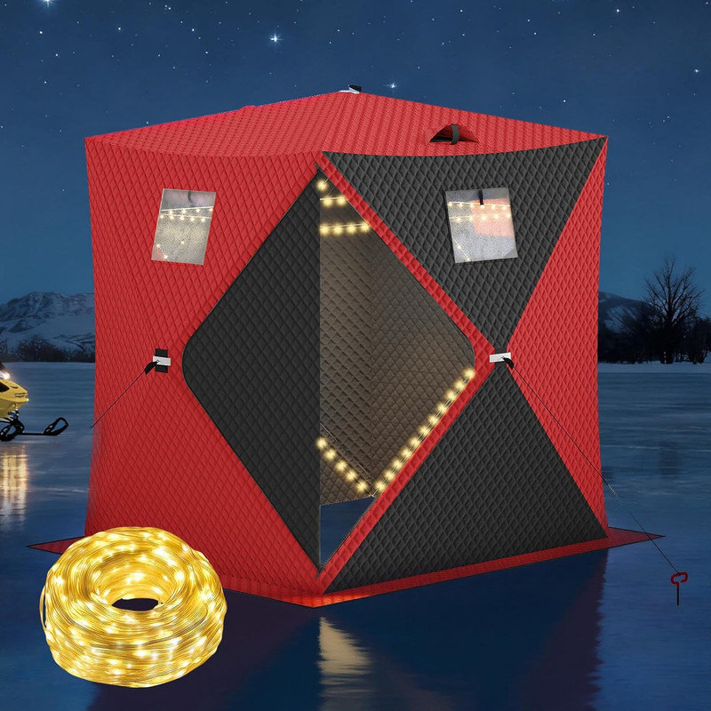 Pop Up Ice Fishing Shelter with 49ft LED Light Strip, Windproof Insulated Hub Tent for 2‑8 People, Black