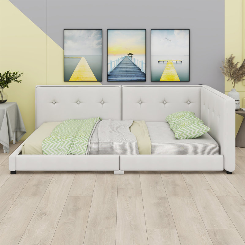 Upholstered Platform Bed With USB Ports, Beige