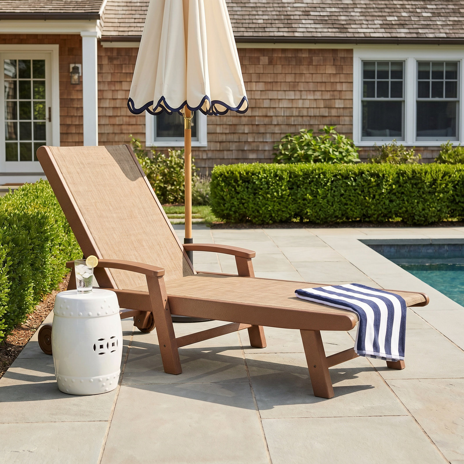 POLYWOOD® Coastal 28" Patio Chaise Lounge, Dune Burlap Revolution®, Teak