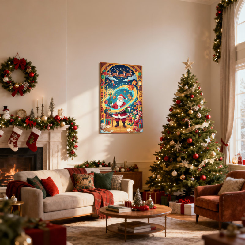Ensemble de 3 impressions sur toile de Noël, père Noël avec renne et elfes, H 36 po x l 24 po