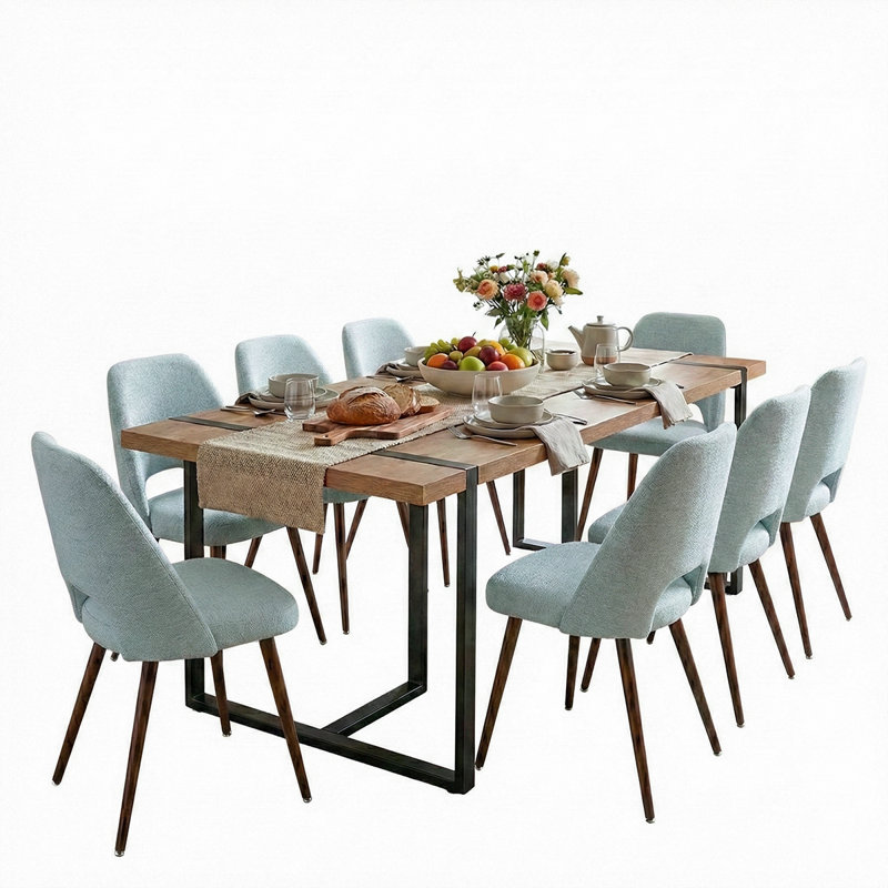 Mid-Century Upholstered Dining Chairs Set Of 8 With Metal Legs, Aqua