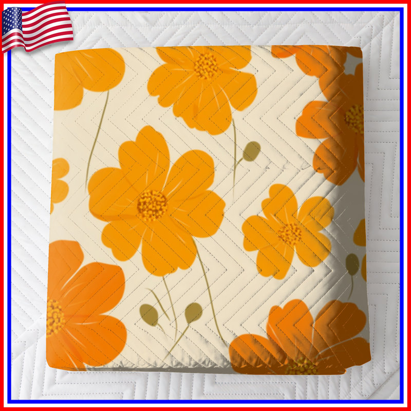 Couvre-lit matelassé orange et jaune à fleurs toutes tailles, Très grand lit