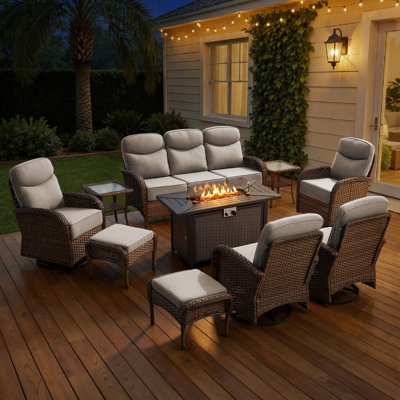 10-Piece Outdoor Wicker Garden Family Night Time Conversation Set With Swivel Chairs And Fire Pit Table