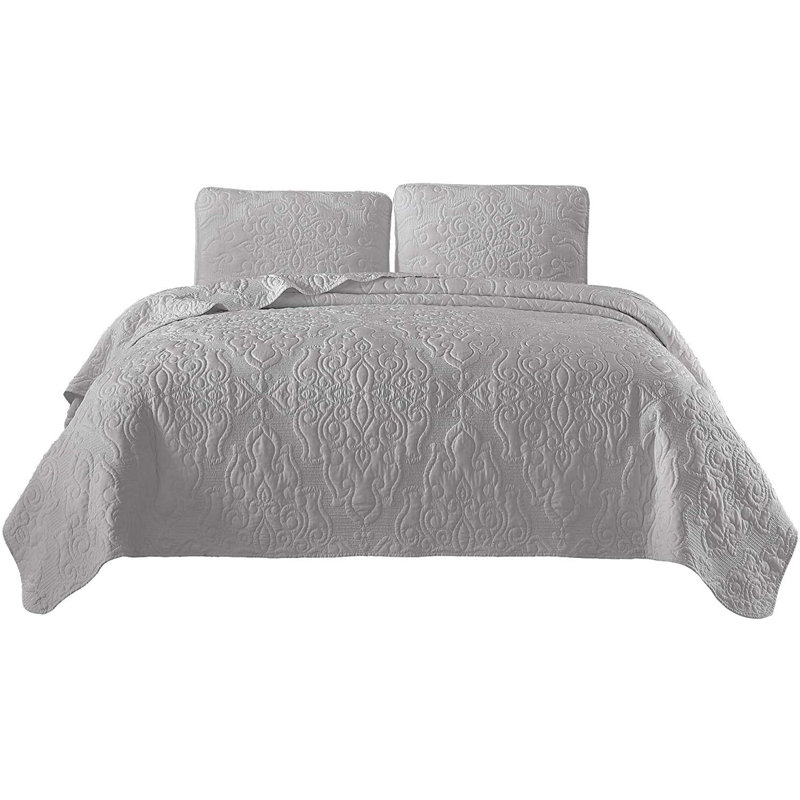 Medallion Embroidered Lightweight Cooling Quilt Set, Queen Quilt + 2 Standard Shams, Light Gray