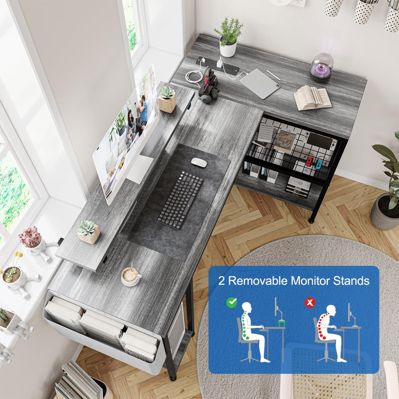 Bureau en L avec prise de courant et lumières DEL, tablettes de rangement et support pour écran pour le bureau à domicile
