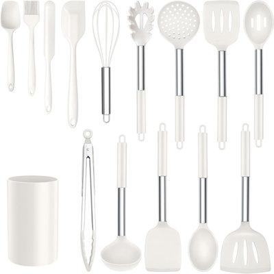 15 Pcs Silicone Cooking Utensil Set,stainless Steel Kitchen Utensils Set,non-stick Heat Resistant, White