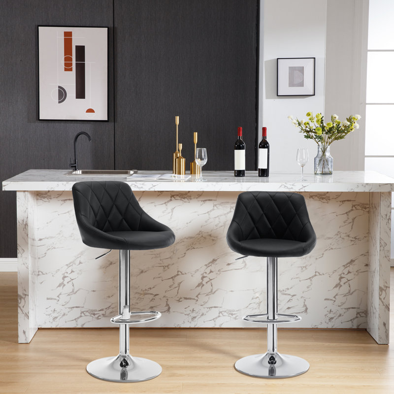 Swivel Upholstered Adjustable Height Counter Stool with Metal Frame, Black, 2