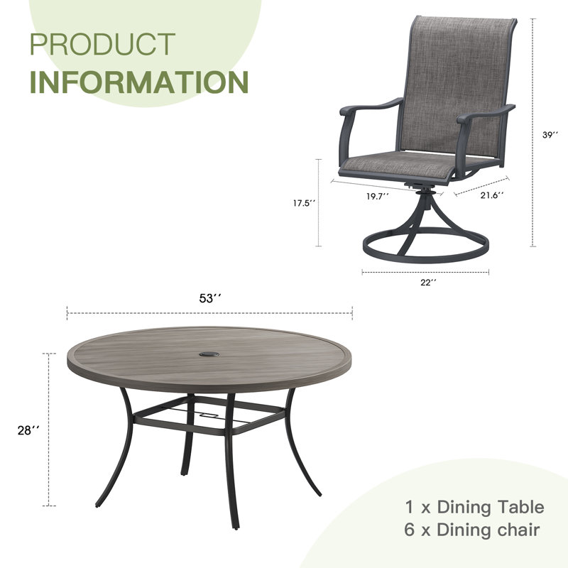 Ensemble de salle à manger 7 pièces pour table ronde d'extérieur avec chaise pivotante 7 pièces, Gris / brun, 6