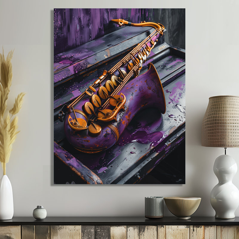  «Purple Gold Music Instument Saxophone I - Décoration murale musique, Toile tendue, H 12 po x l 20 po
