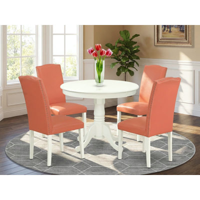 Ensemble de table de salle à manger 5 pièces moderne comprenant une table de cuisine ronde avec piédestal et 4 chaises de salle à manger Parson en simili cuir flamant rose, lin blanc