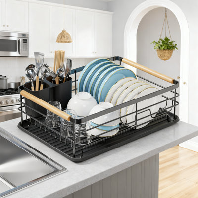 Small Dish Drying Rack For Kitchen Counter With Wooden Handles, Thickened Rust-Resistant Metal Frame, No Assembly Required, Compact Dish Drainer For Small Spaces