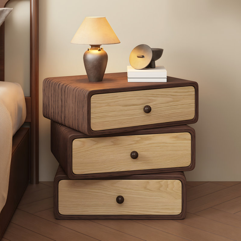Solid Wood Nightstand  End Table Bedside Table With 3 Rotating Drawers