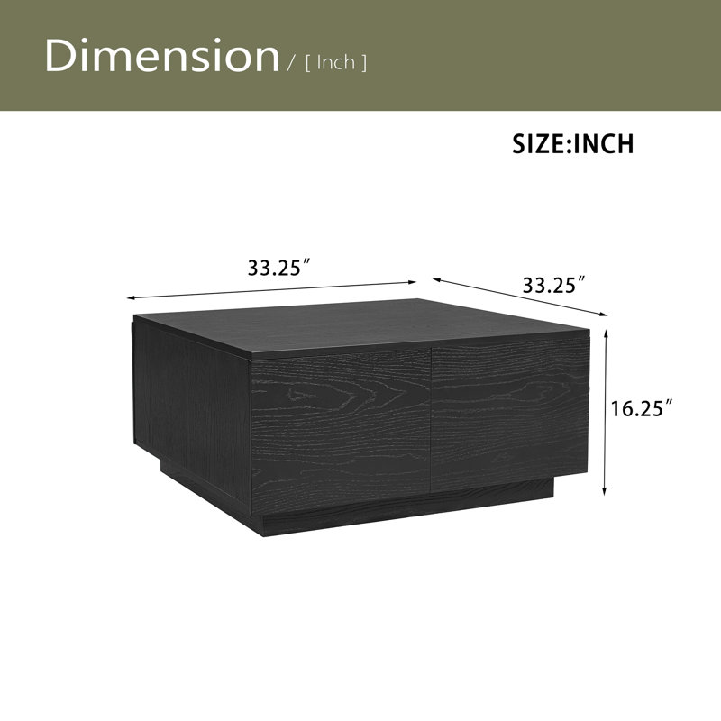 Table basse carrée 33,25 po à 4 tiroirs, Noir