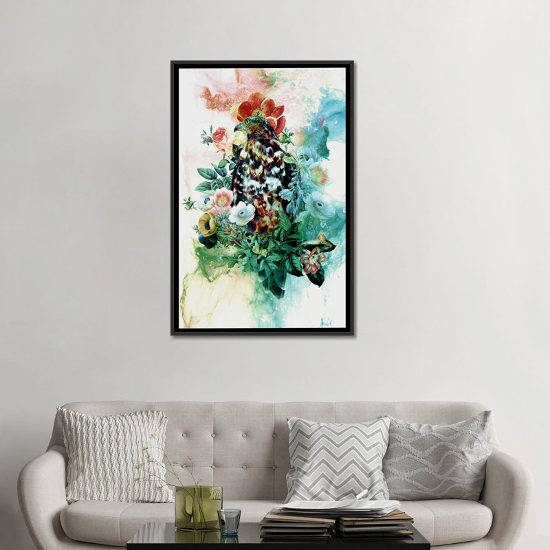 «Bird in Flowers», impression sur toile, H 26 po x l 18 po x P 1,5 po, Toile avec cadre noir, Pas de tapis