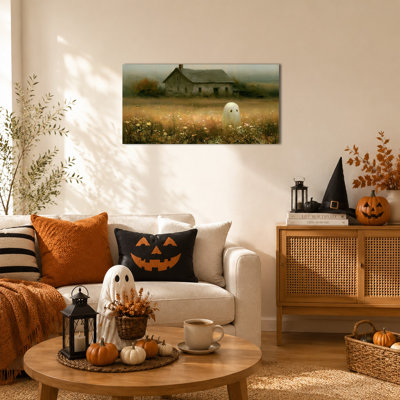 Art mural fantôme - image rétro sur toile d'Halloween avec un fantôme mignon, peinture d'automne champêtre rustique pour salon, chambre à coucher, salle de bain, toile tendue avec cadre en pin, 20 po x 40 po