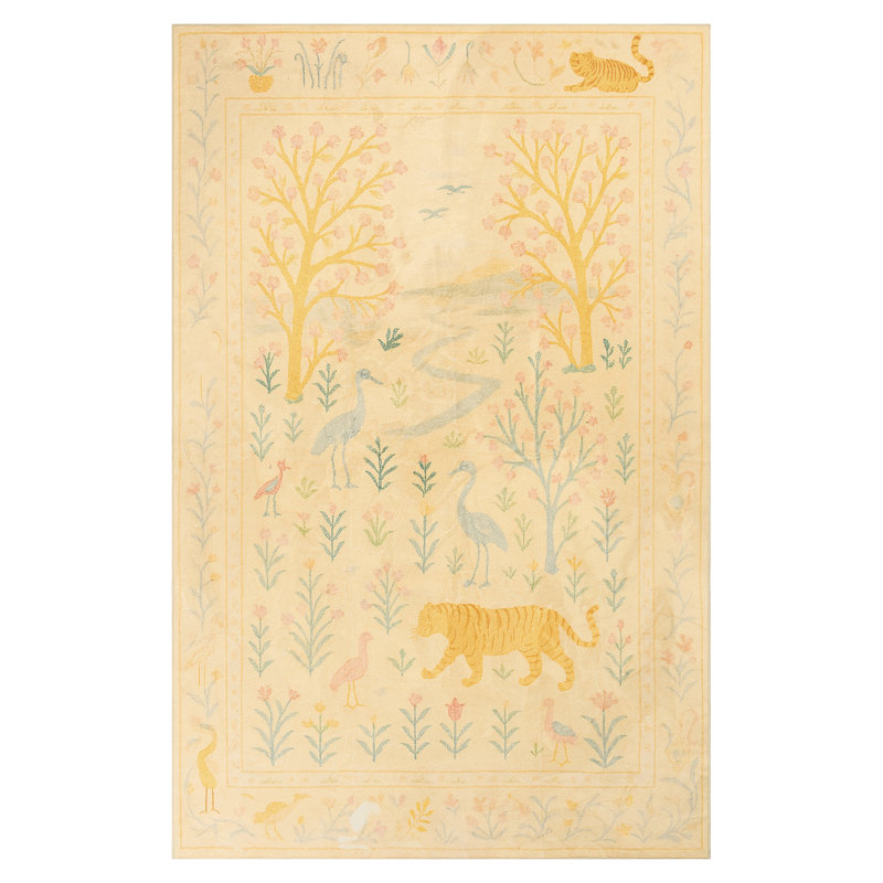 Tapis beige / bleu / rose à envers antidérapant lavable à la machine à motif animal et floral Boho pour salon, chambre à coucher, chambre d'enfant, chambre de bébé