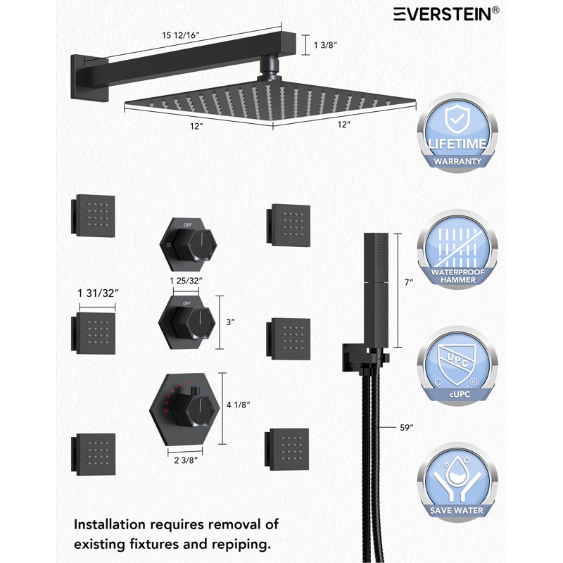 12" High Pressure Thermostatic Rainfall Shower System, Wall Mounted Shower Faucet Set with Handheld Shower and Body Jet