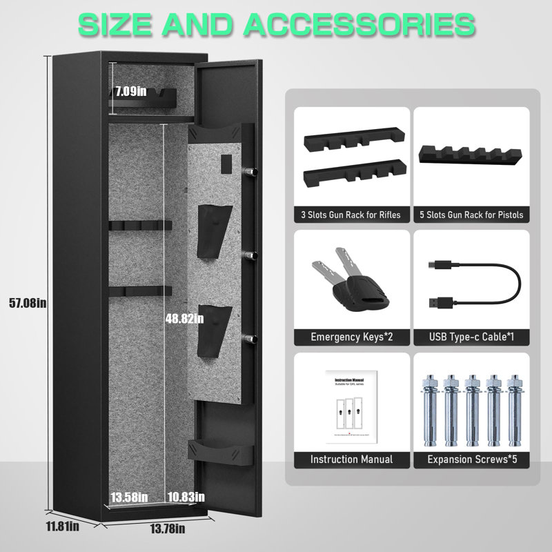 5-6 Gun Safe, Quick Access Biometric Fingerprint Rifle Gun Safe with Silent Mode and Alarm System, Gun Safe for Rifles and Pistols, Gun Cabinet with Removable Shelf and 3 Adjustable Gun Slots