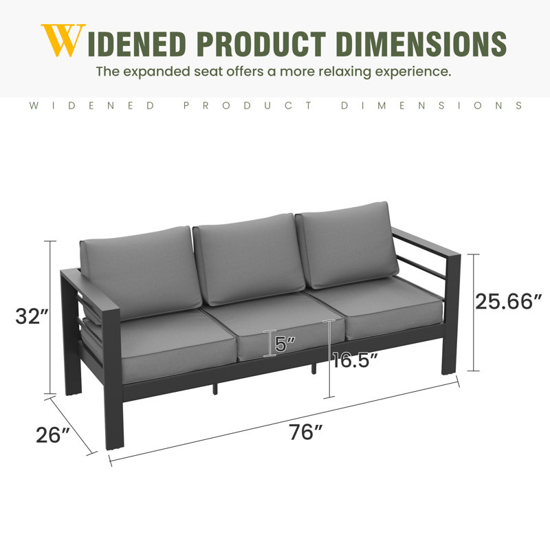 3-Person Aluminum Sofa With Cushion, Charcoal Gray, Dark Gray