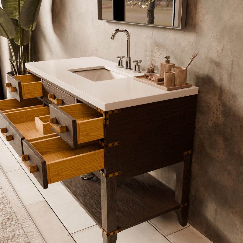 48" Single Bathroom Vanity Set, Brown Oak, White Cultured Marble