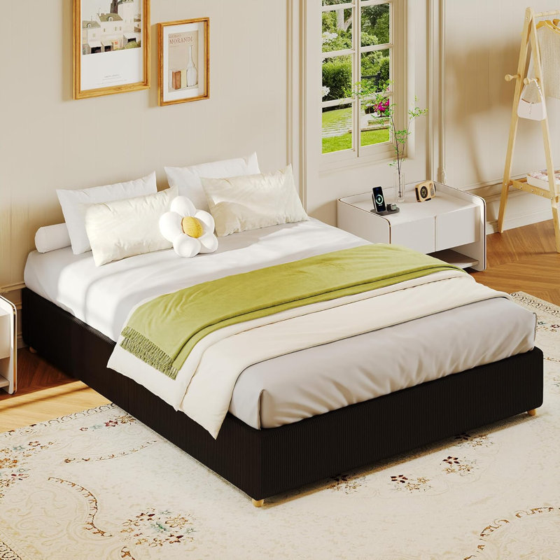 Full Size Cloud Bed Frame Teddy Fleece Low Bed Frame Without Headboard  Thick Boucle Fabric Upholstered Platform Bed   Wood Legs  No Box Spring Needed  Never Squeak  Easy Assembly