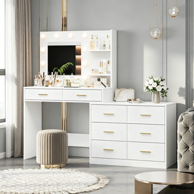 Modern Makeup Vanity Desk with Large LED Mirror – 8 Drawers, 2-Tier Shelves, Adjustable Lighting, Ample Storage, Anti-Tip Design for Bedroom, White