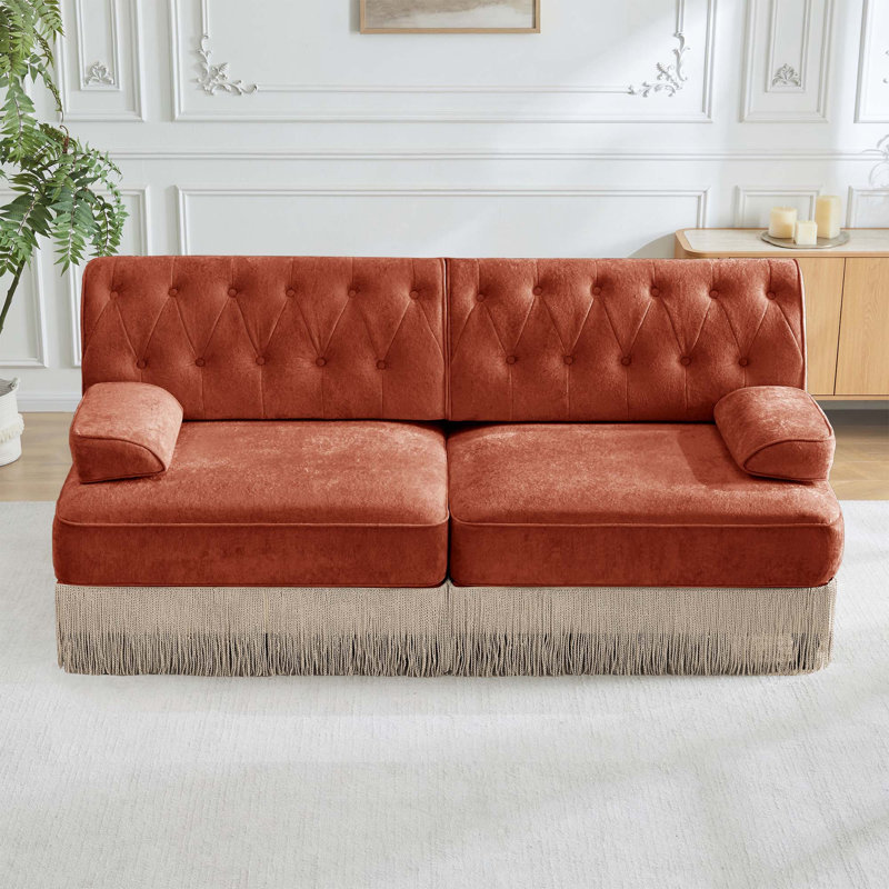 Canapé-lit de style Chesterfield en tissu de velours doux à boutons et à jupe à franges, facile à assembler, Red Brown