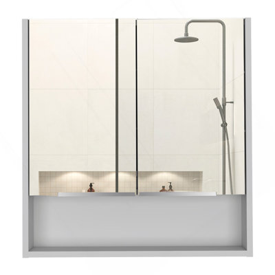 Armoire à miroir Jaspe, trois tablettes internes, une tablette ouverte, armoire à deux portes - blanc