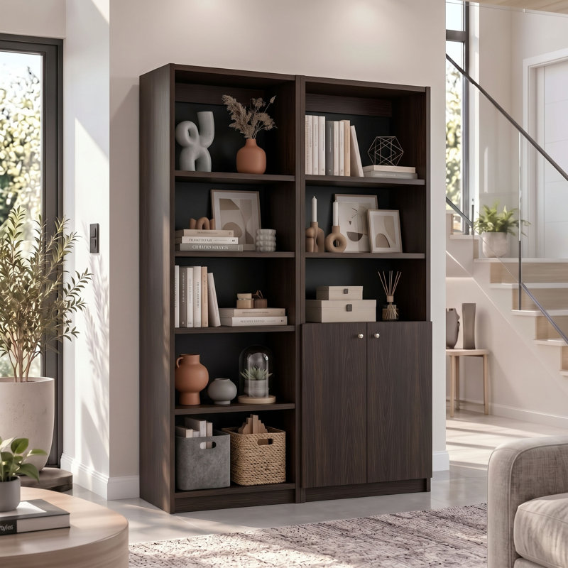 Colorado Manufactured Wood Bookcase with Cabinets and Open Shelves, Modern Storage Bookshelf for Living Room and Office 