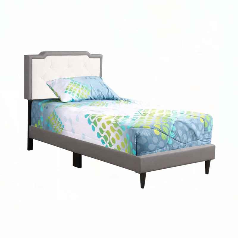 PU Faux Leather Upholstered Bed with Tufted Headboard, White/Light Grey, Twin