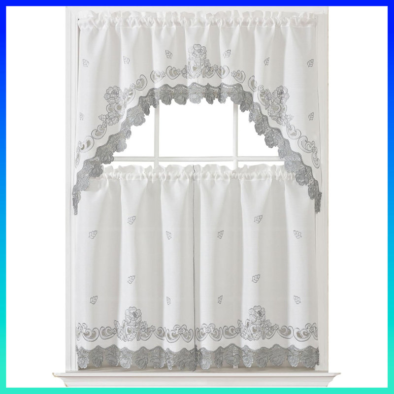 Lace Rosarium Elegant Kitchen Curtains Set - 3PCS Romantic White Window Valances With Delicate Rose Embroidery & Charming Lace Trim, Timeless Floral Design Adored By Families， Grey