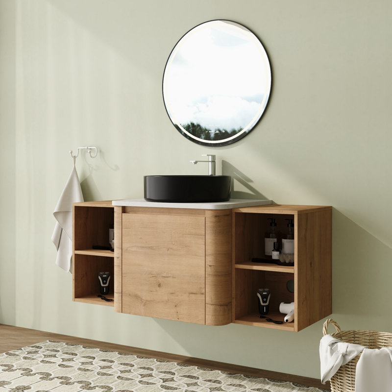 Meuble-lavabo flottant mural 48 po avec comptoir en quartz et portes et tablettes de rangement à fermeture en douceur, Noir