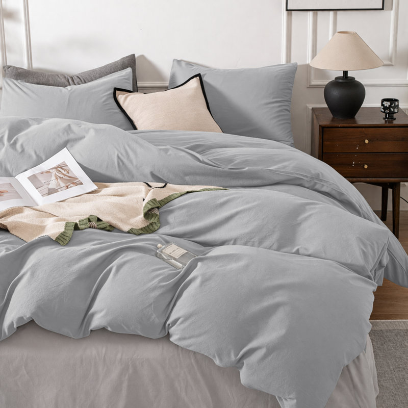 3-Piece Dyed Duvet Cover Set With Pillowcases, Silver, Single Duvet Cover + 2 Standard Pillowcases
