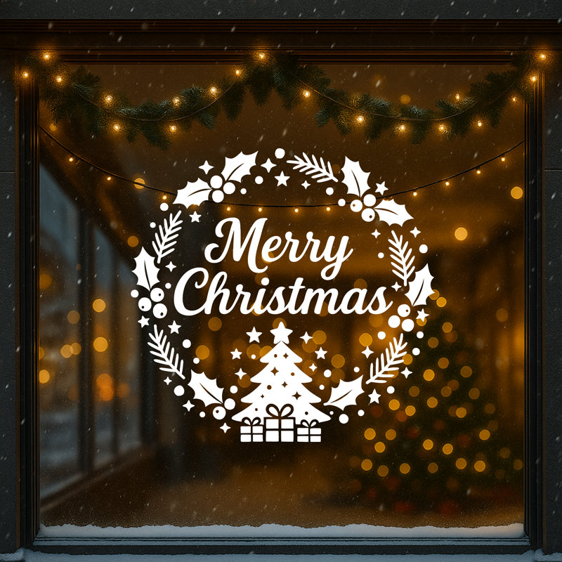 Élégants autocollants muraux de joyeux Noël - Autocollants en vinyle amovibles avec arbre de Noël, cadeaux et étoiles - Peler et coller le décor des Fêtes pour la maison, la vitrine ou la porte AMC-11