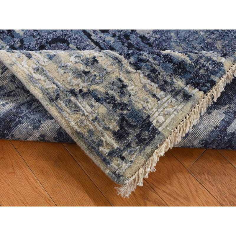 Tapis en laine noué à la main 4 pi x 8 pi bleu denim Shibori