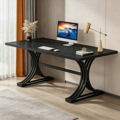 63" Modern Executive Computer Desk With Faux Marble Top And Gold Metal Legs