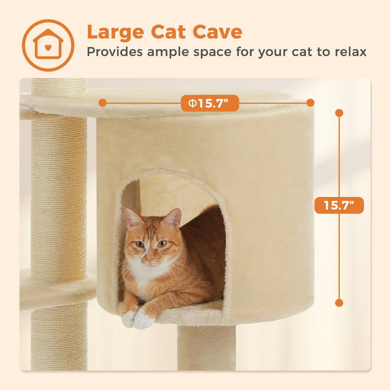 Large cat tree with 4.1-inch thick scratching posts, spacious apartment, and 2-tier base, Beige
