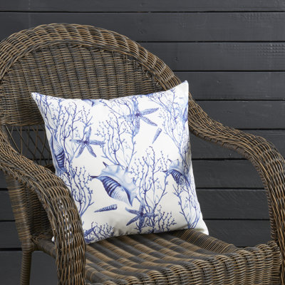 Blue Nautical Seashell & Coral Poly Filled Indoor & Outdoor Throw Pillow 18" W X 18" L