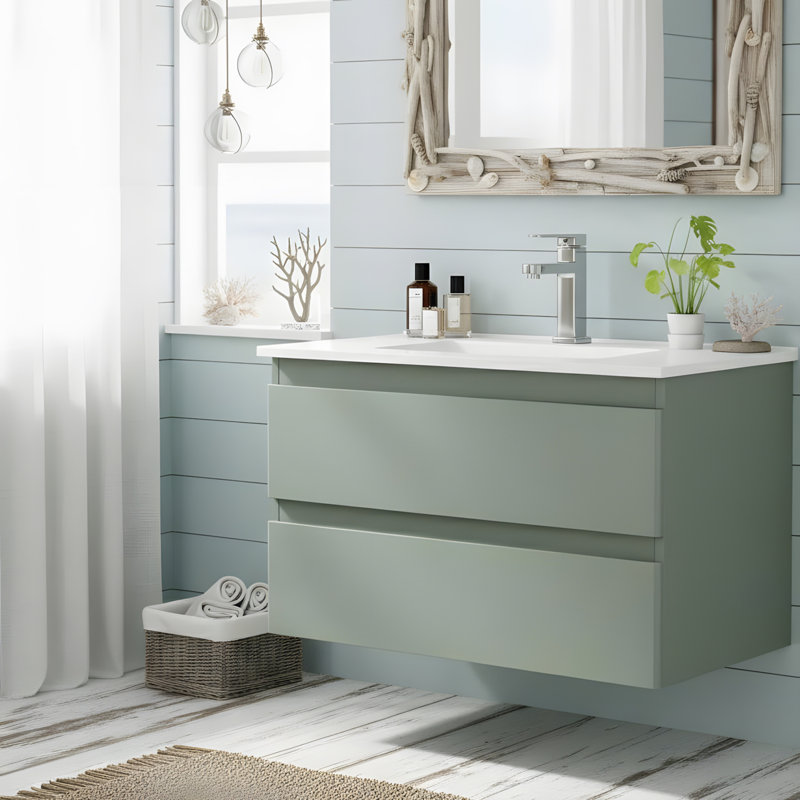 Integrated Ceramic Sink Wall-Mounted Bathroom Vanity, Green