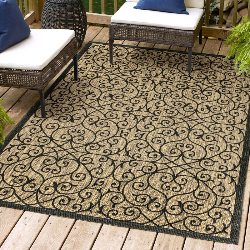 Tapis intérieur / extérieur noir / kaki Haggerty, Rectangle 10 pi x 14 pi