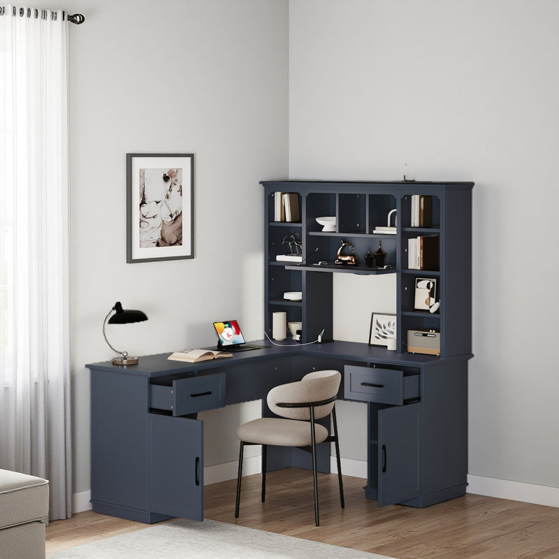 Bureau d'ordinateur en L avec 2 armoires et 2 tiroirs, 11 tablettes ouvertes, avec prise de courant, Bleu antique