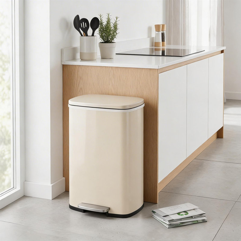 Harbour Housewares Square Stainless Steel Kitchen Pedal Bin, Beige