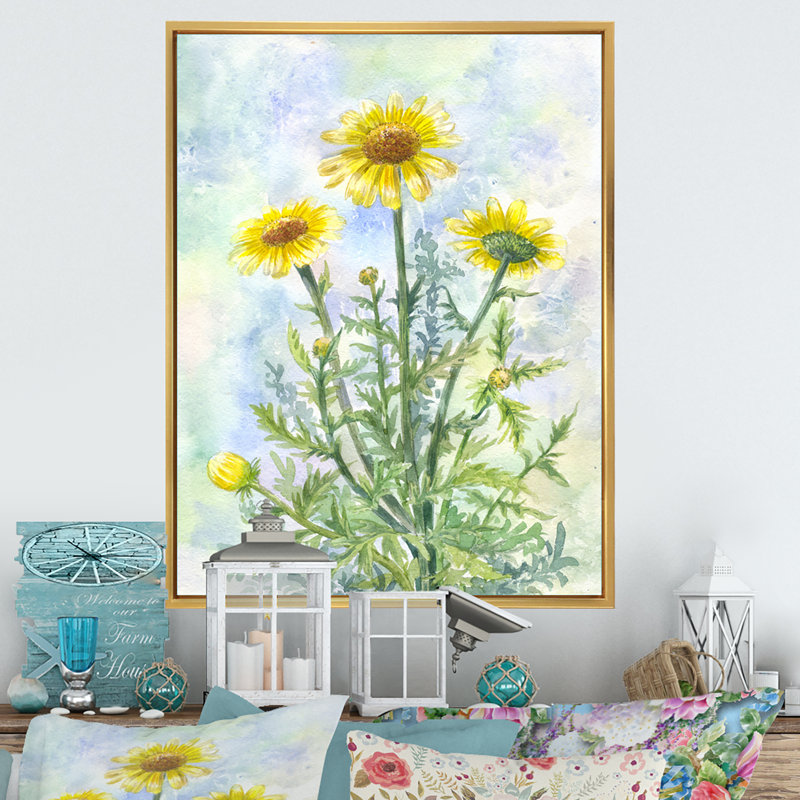 «Wild Blossoming Yellow Wild Camomiles», art mural sur toile traditionnel, H 36 po x l 24 po x P 1 po, Cadre flottant doré
